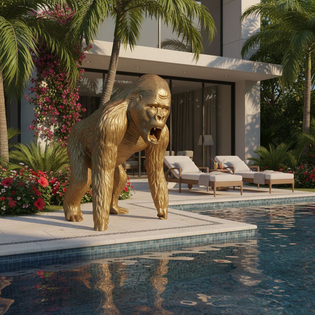 Lebensgroße goldene Gorilla-Dekofigur, 130 cm hoch, stehend vor einem Pool.