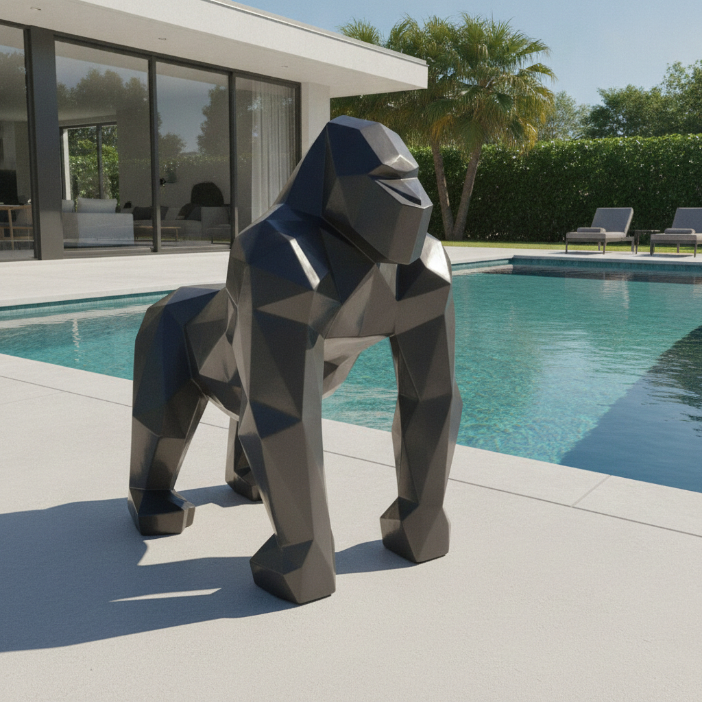 Lebensgroße, schwarz lackierte Polygonal-Gorilla-Skulptur, 128 cm, für den Außenbereich.