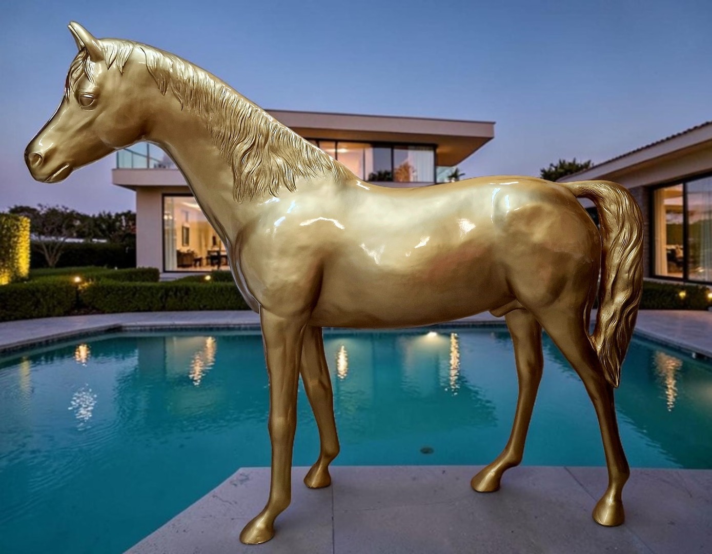 Großes, golden lackiertes Pferd XXL, vor moderner Villa und Pool.