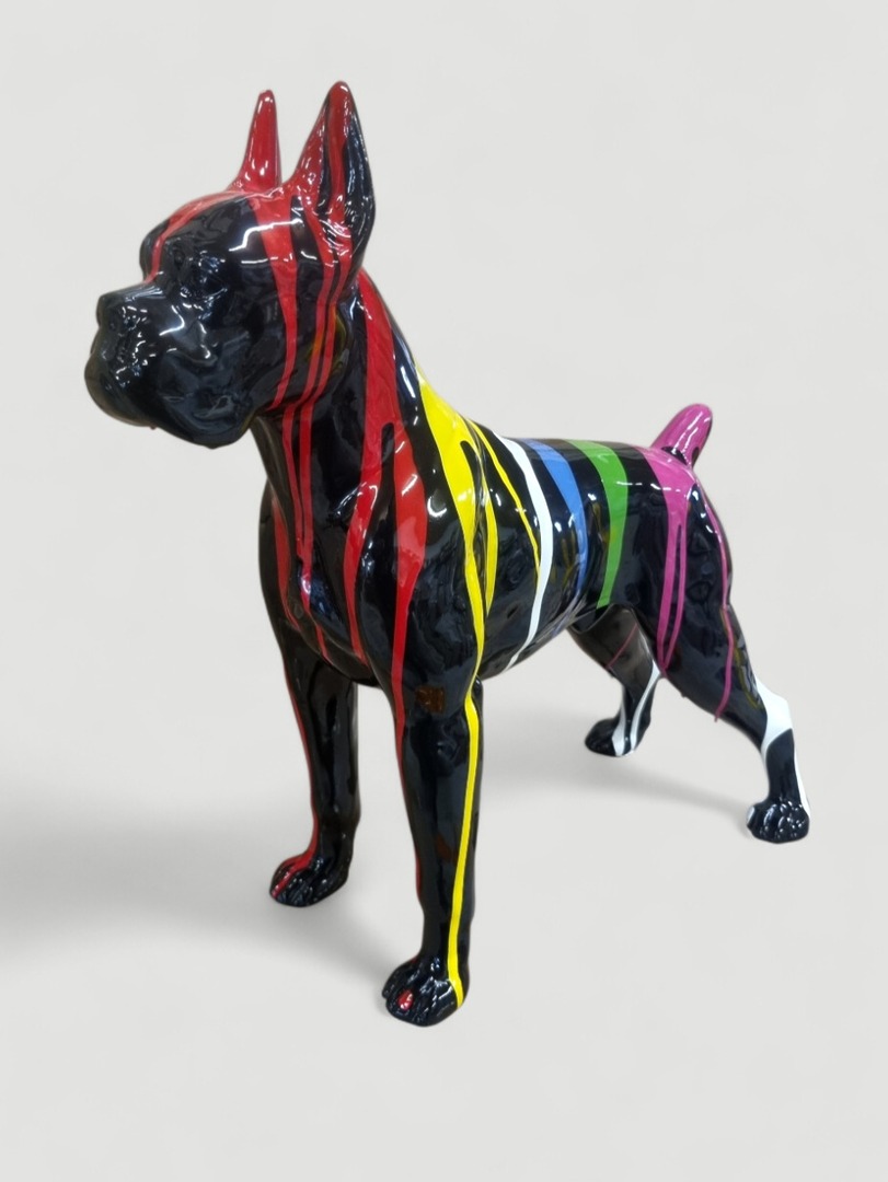Bunte Hunde Statue mit Farbspritzern, dekorative Hunde Figur.