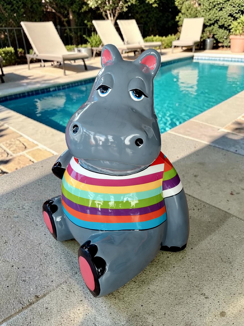 Hippo Graue Hippo-Figur mit bunt gestreiftem Shirt, sitzend