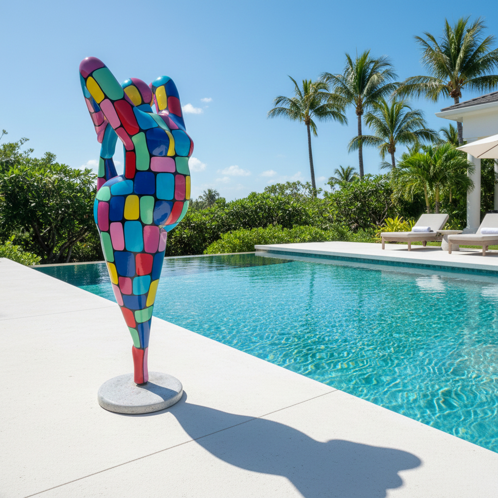 Große bunte abstrakte Skulptur aus vielen Rechtecken, die in einem Garten neben einem Pool steht.
