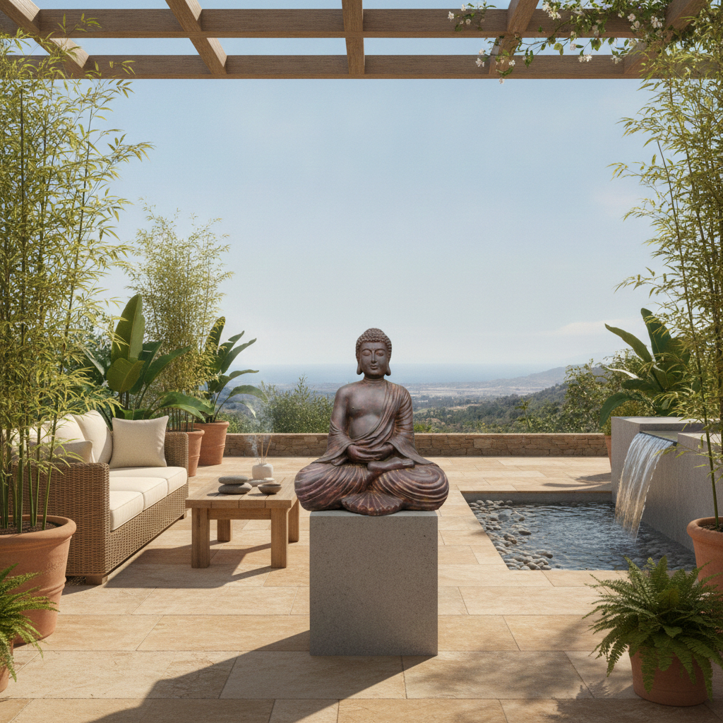 Große sitzende Buddha Gartendekoration XL aus Bronze-Finish, 43 cm hoch.