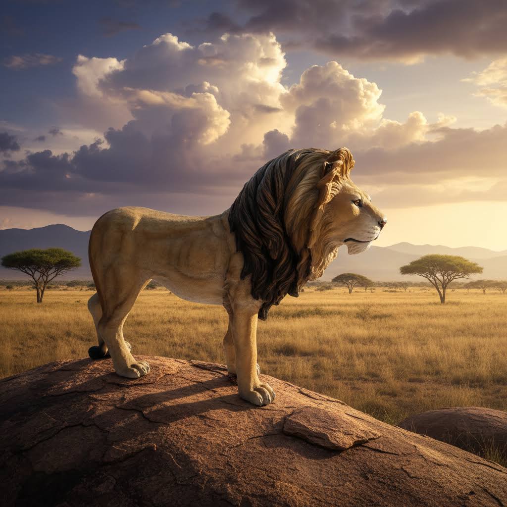 Lebensechter "König der Savanne" Löwe, stehend, 185 cm. Majestätischer König der Tiere in der Savanne.