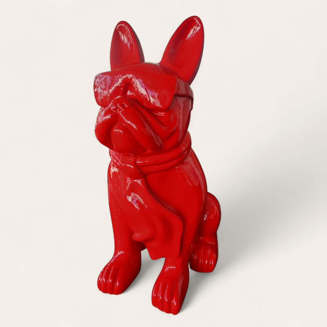 Französische Bulldogge Rote Französische Bulldogge mit Brille und Krawatte als Deko Figur bei shop.garten-fantasy.de