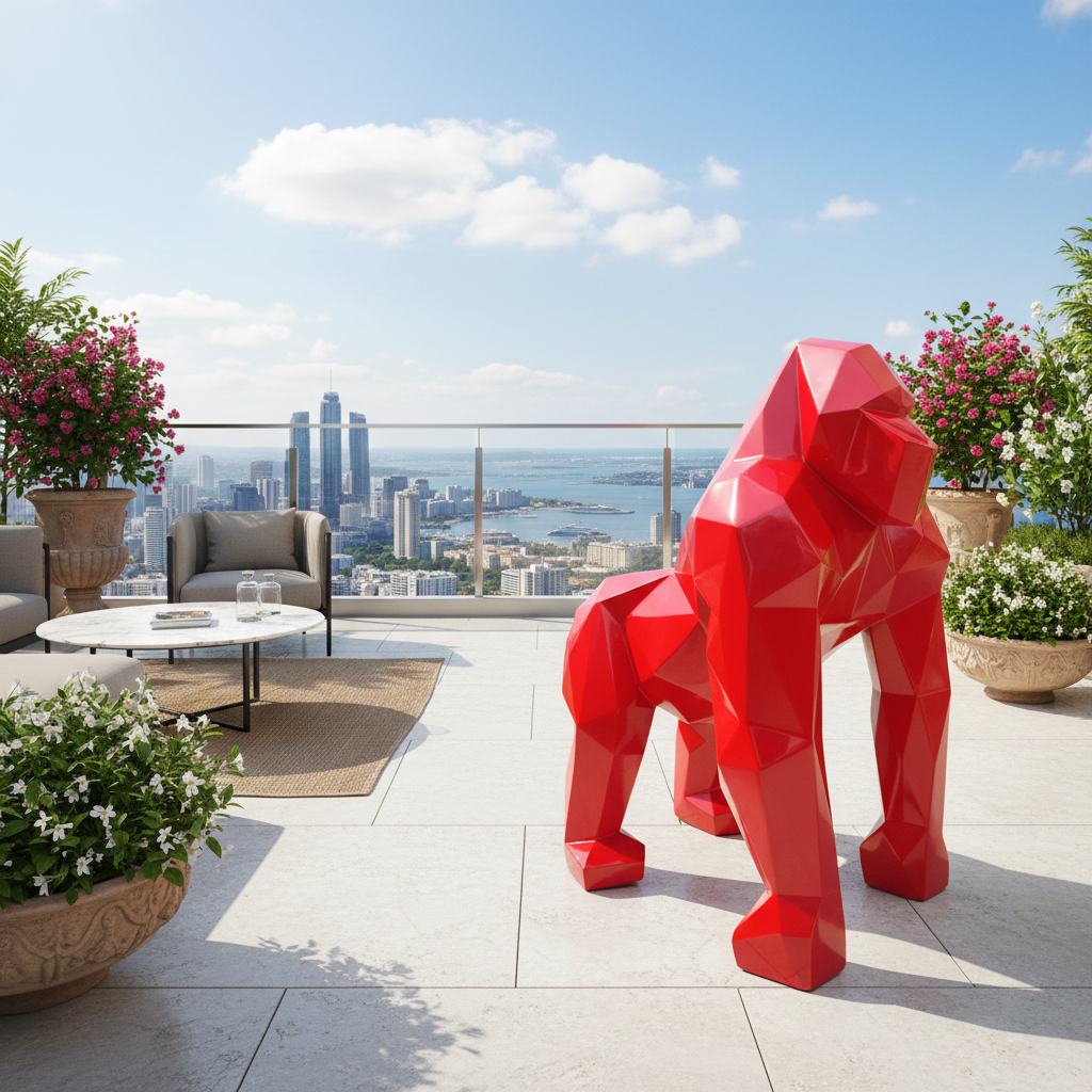 Art Deco Große Gorilla-Figur: Rote, moderne polygonale Gorilla-Skulptur, 128 cm