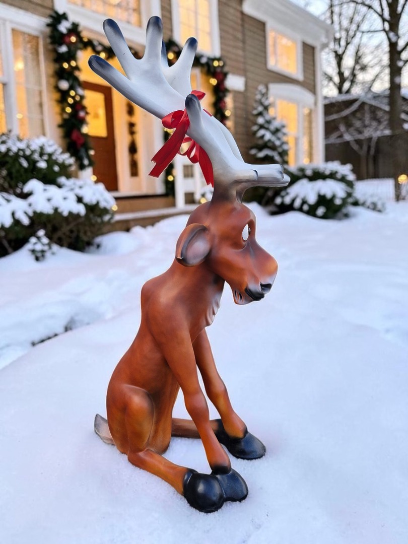 Sitzender Elch Rudi XXL Weihnachtsdeko 100 cm mit roter Schleife im Schnee.