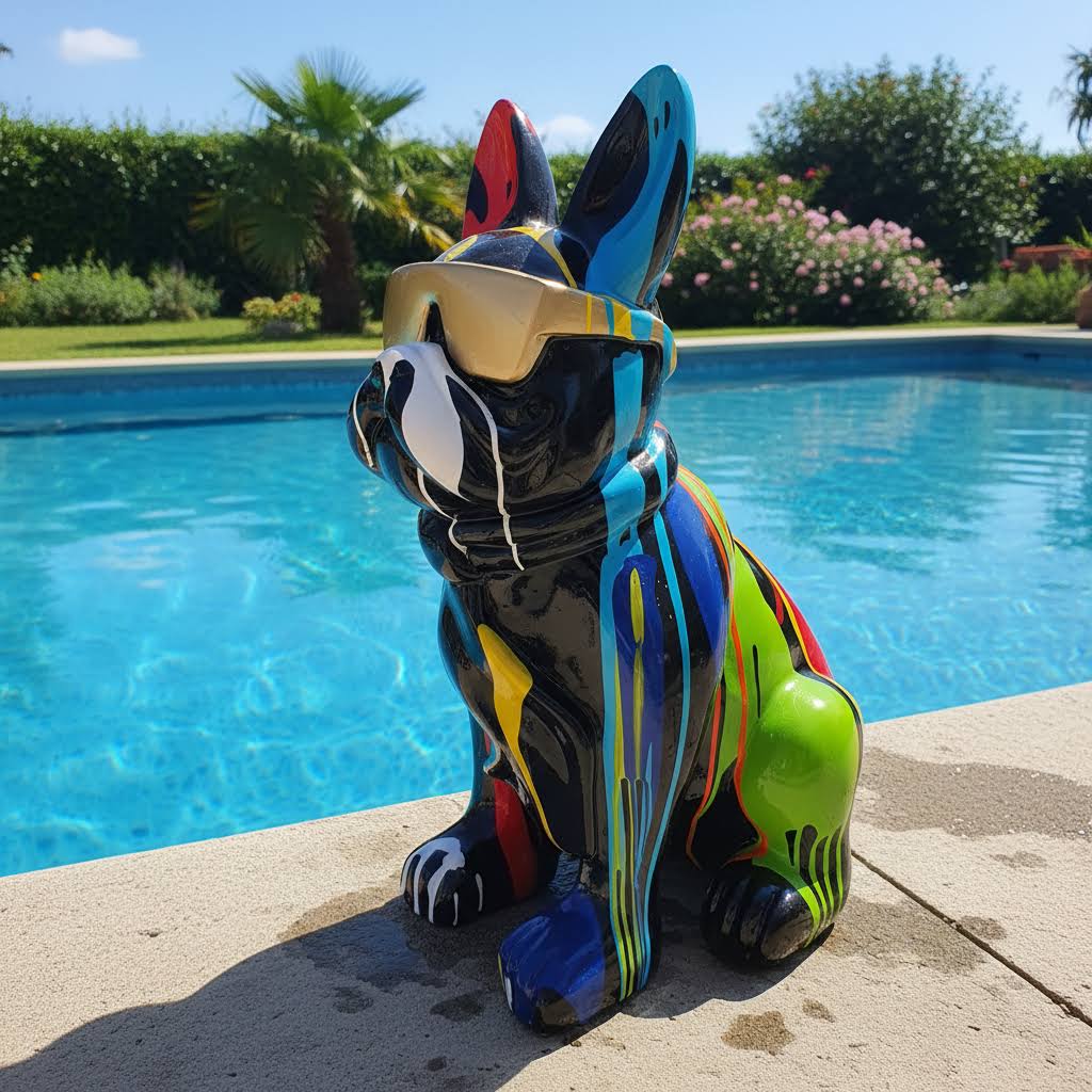 Designer-Figur „Französische Bulldogge mit Brille“ – Pop Art Edition, 120cm, bunt lackiert