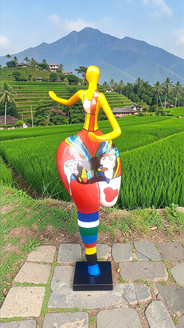 Nana Skulptur laufend, Statue mit Kunstbemalung, 130 cm hoch. Bunte Nana Kunst vor Reisfeldern.