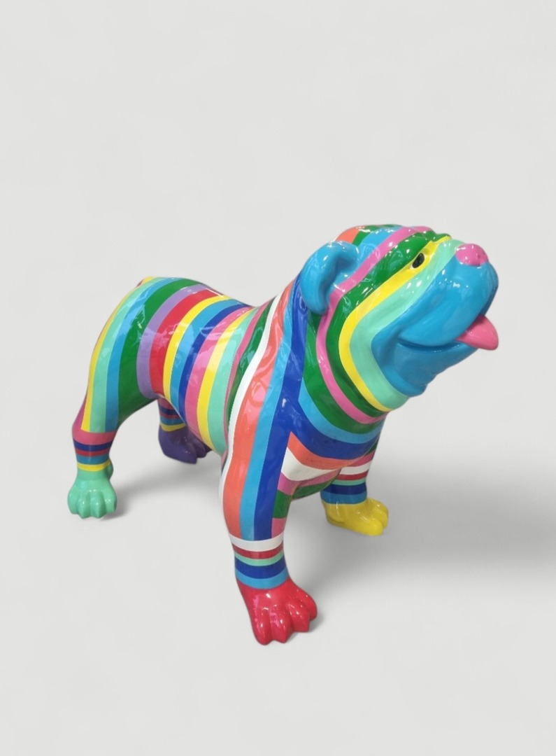 Englische Bulldogge Handbemalte Englische Bulldoggen Deko Figur 90 cm: Bunte gestreifte Bulldogge Deko Figur als Farbtupfer für Ihr Zuhause.