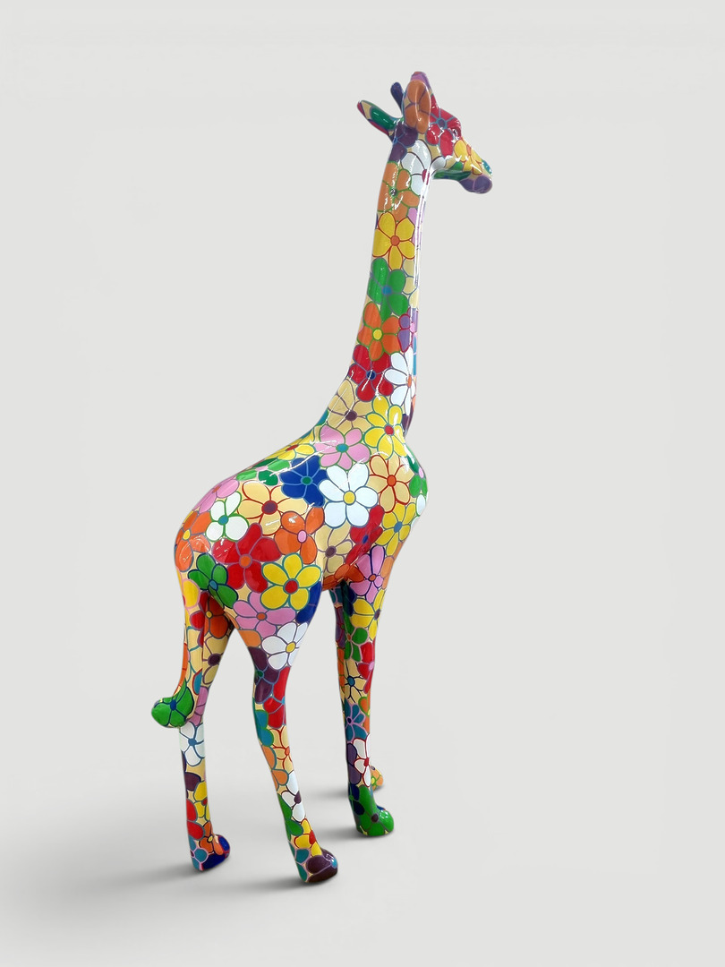 Giraffe Lebensgroß Farbige Giraffenskulptur mit Blumenmuster, handbemalt, 70 cm hoch