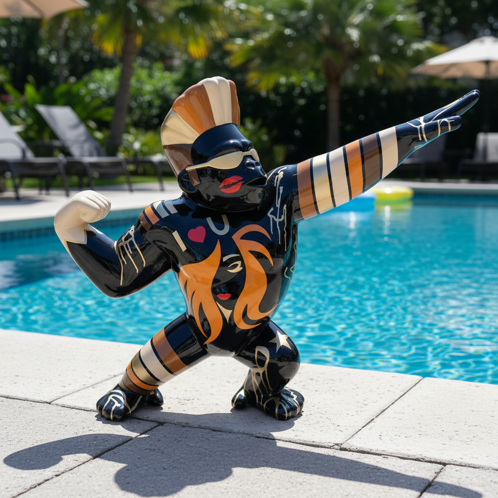 Designer Figur Gorilla XXL Pop Art Bemalung, schwarz mit orange-braunen Streifen und Gesichtsmotiv