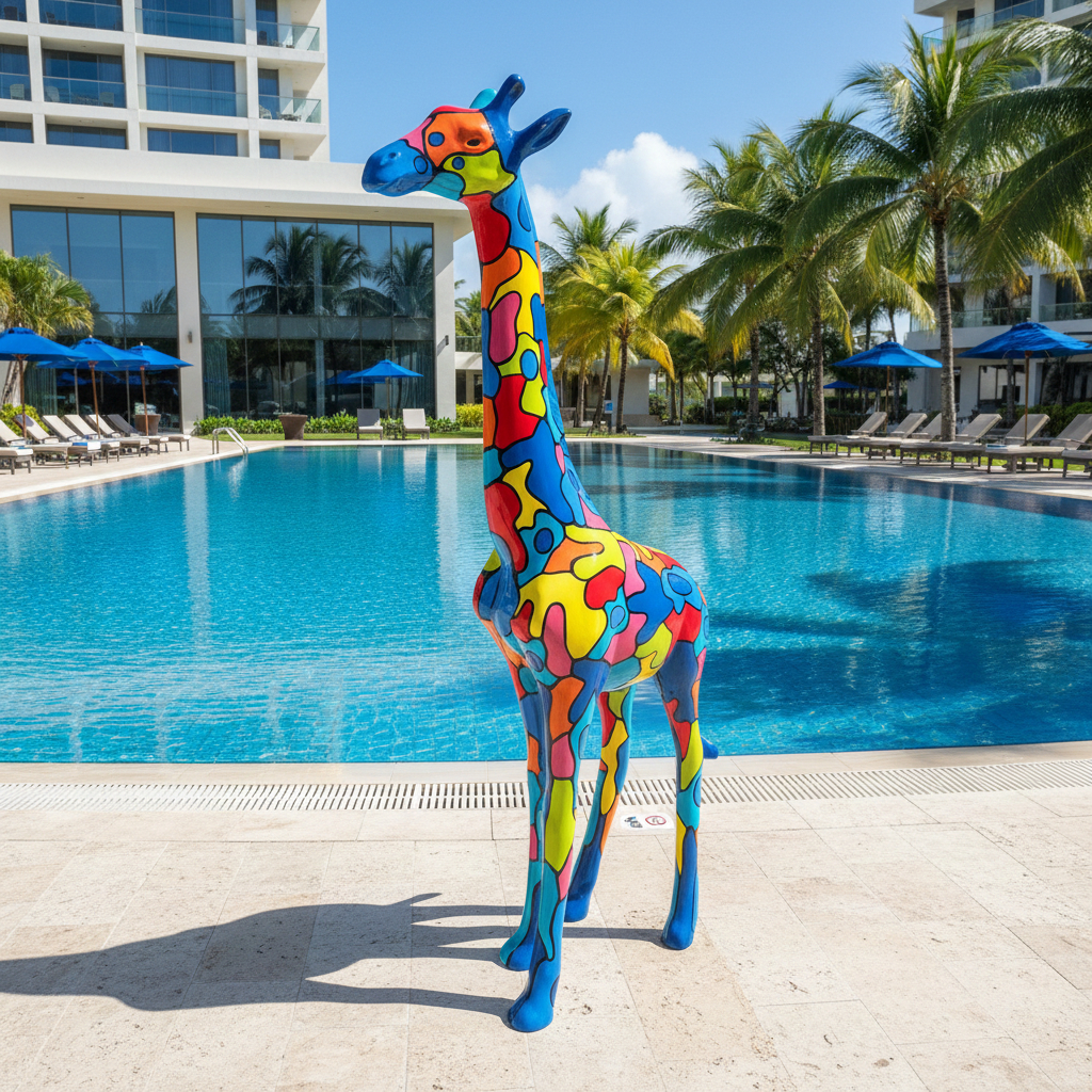 Große bunte Giraffe Deko Skulptur, 205 cm, bunter Blickfang für Haus und Garten