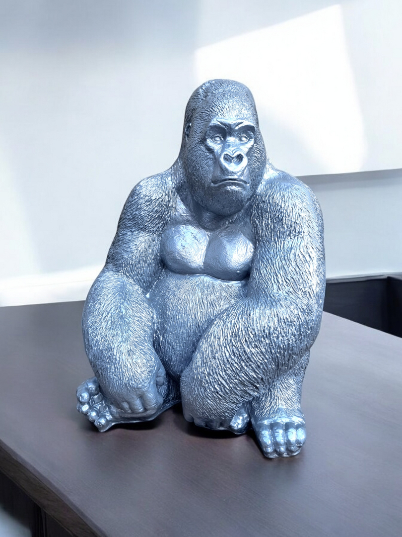 Gorilla Silberner Gorilla große deko figuren bei shop.garten-fantasy.de