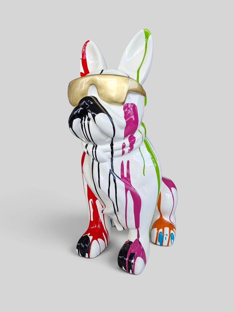 Französische Bulldogge Kunstwerk mit Sonnenbrille und Farbspritzern, bis 120 cm.