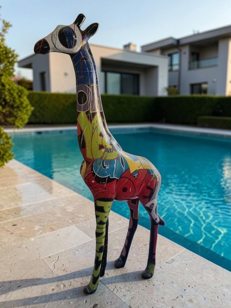 Lebensgroße, handbemalte Graffiti Giraffe, 205 cm groß, mit buntem Design, steht neben einem Pool.
