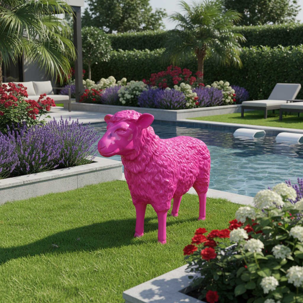 Lebensgroßes, pinkes Deko Schaf aus Kunststoff für Garten oder Haus, 75 cm hoch.