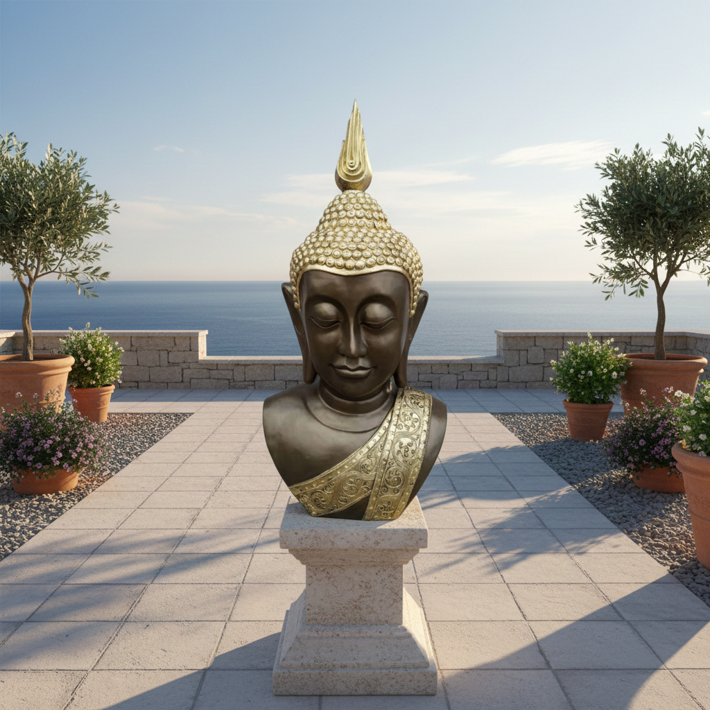 Goldene Buddha Büste – Ruhe, Weisheit und Spiritualität, 117 cm groß, auf einem Sockel stehend