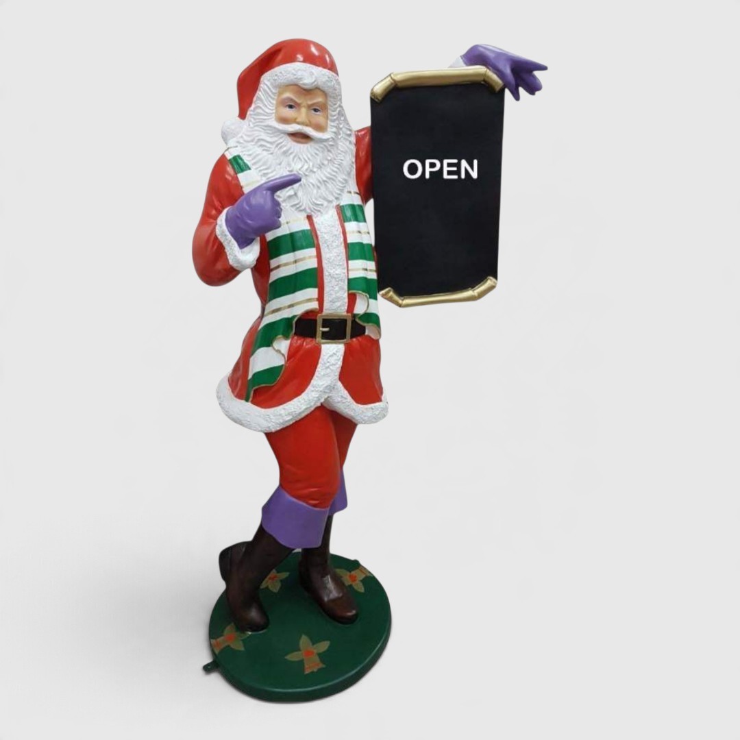 Lebensgroßer stehender Weihnachtsmann mit Tafel, 180 cm, hält eine "OPEN" Tafel.