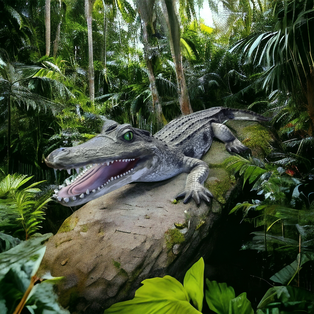 Krokodil Kaiman mit geöffnetem Maul auf einem Baumstamm im dichten Dschungel.