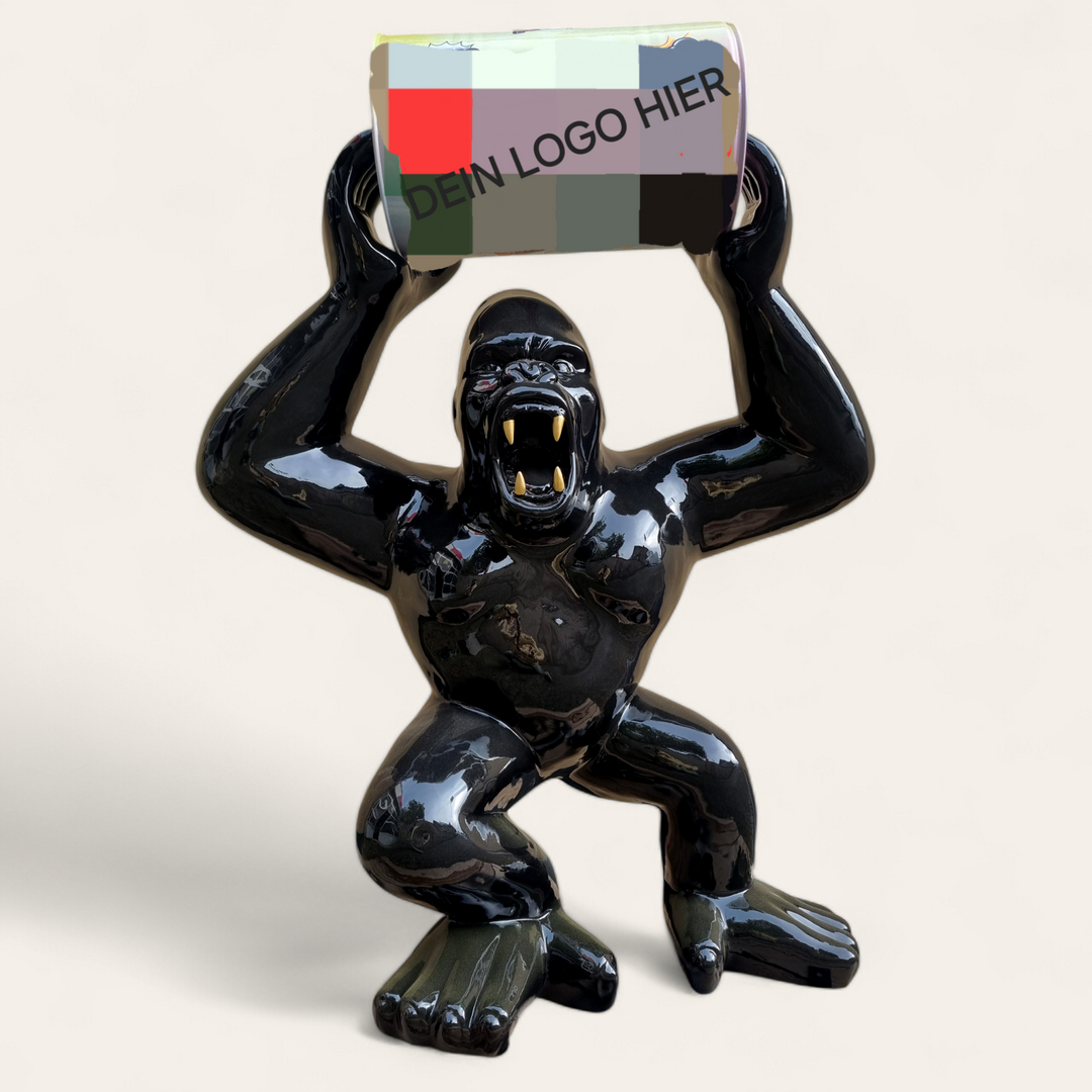 Gorilla mit Fass und LOGO, konfigurierbar 140 cm Groß 1 gorilla mit Fass logo Firmennamen bei shop.garten-fantasy.de