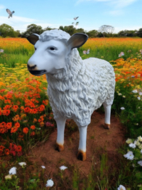 Lebensgroße Schaf Figur: XXL Schaf Garten Deko, 75 cm groß, in blühender Wiese.