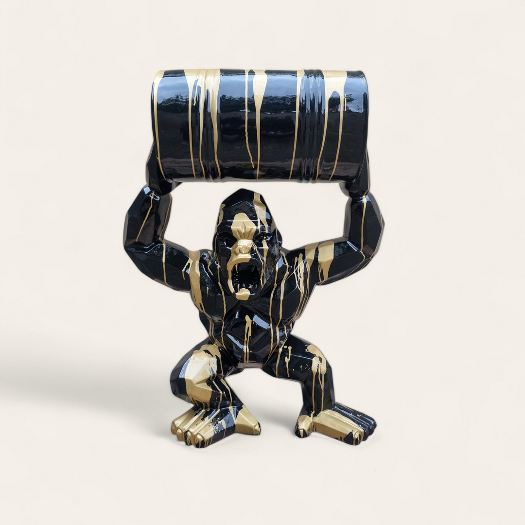 Gorilla mit Fass Neu Collection Kunstbemalung Goldene Designer Deko Skulptur 97 cm Groß 1 Gorilla mit Fass Neu Collektion bei shop.garten-fantasy.de