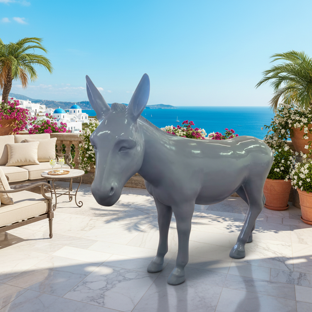 Grauer lebensgroßer Esel als Skulptur für Haus und Garten, XXL Dekoration