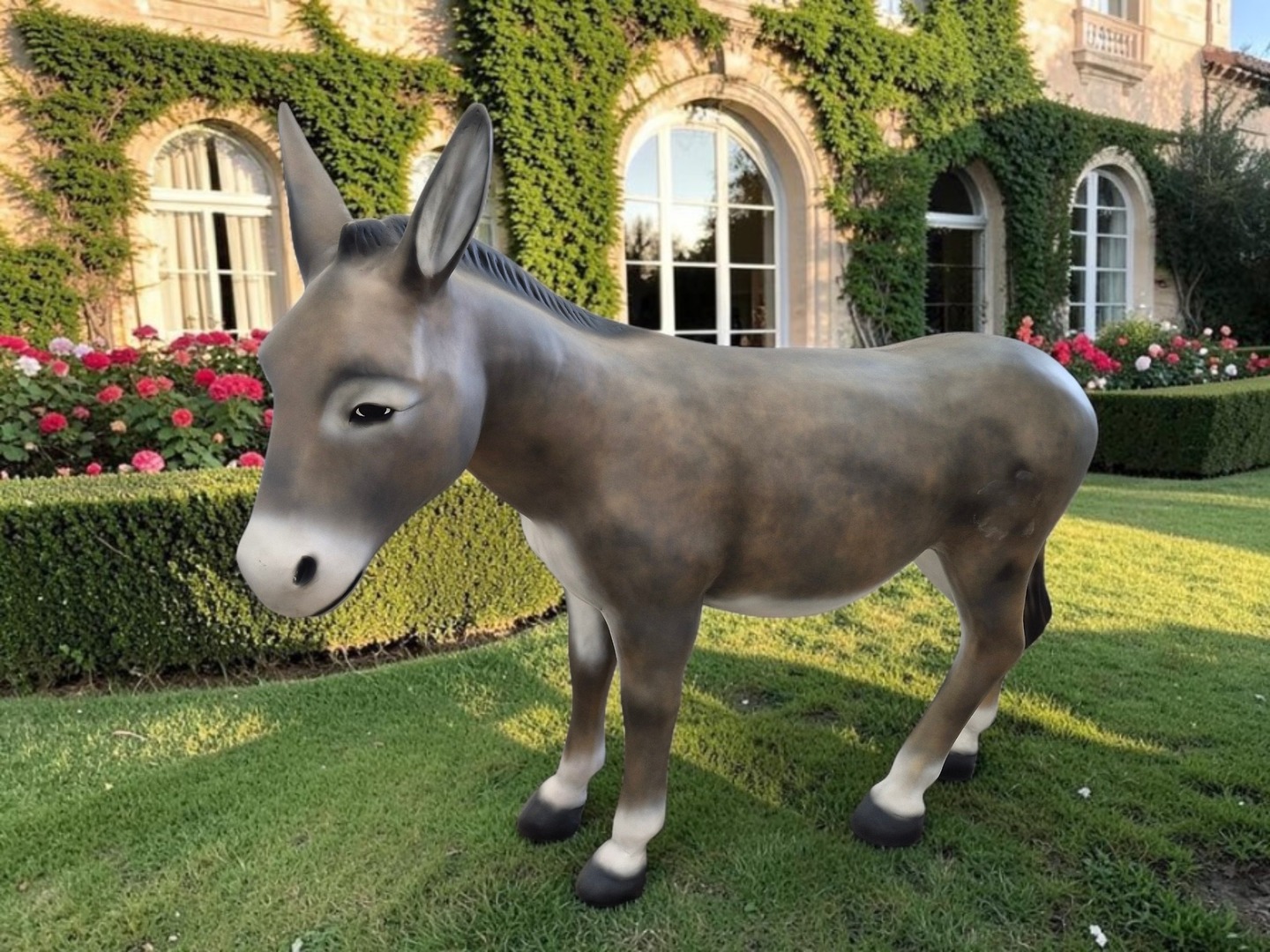 Graue Esel-Gartenfigur, 147 cm groß, aus Kunstharz, für Hof und Garten.