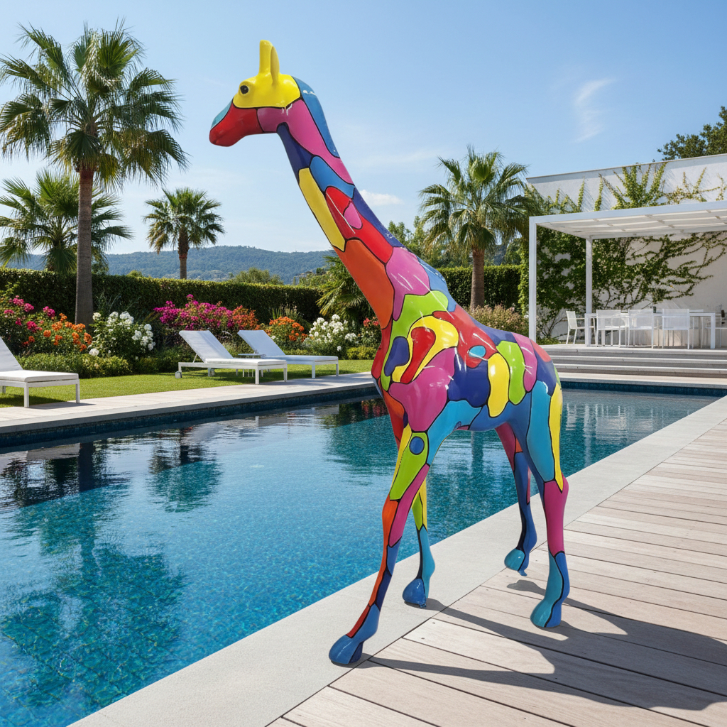 Bunte XXL Giraffe Figur 230 cm, lebensgroße Design Deko für Garten & Pool