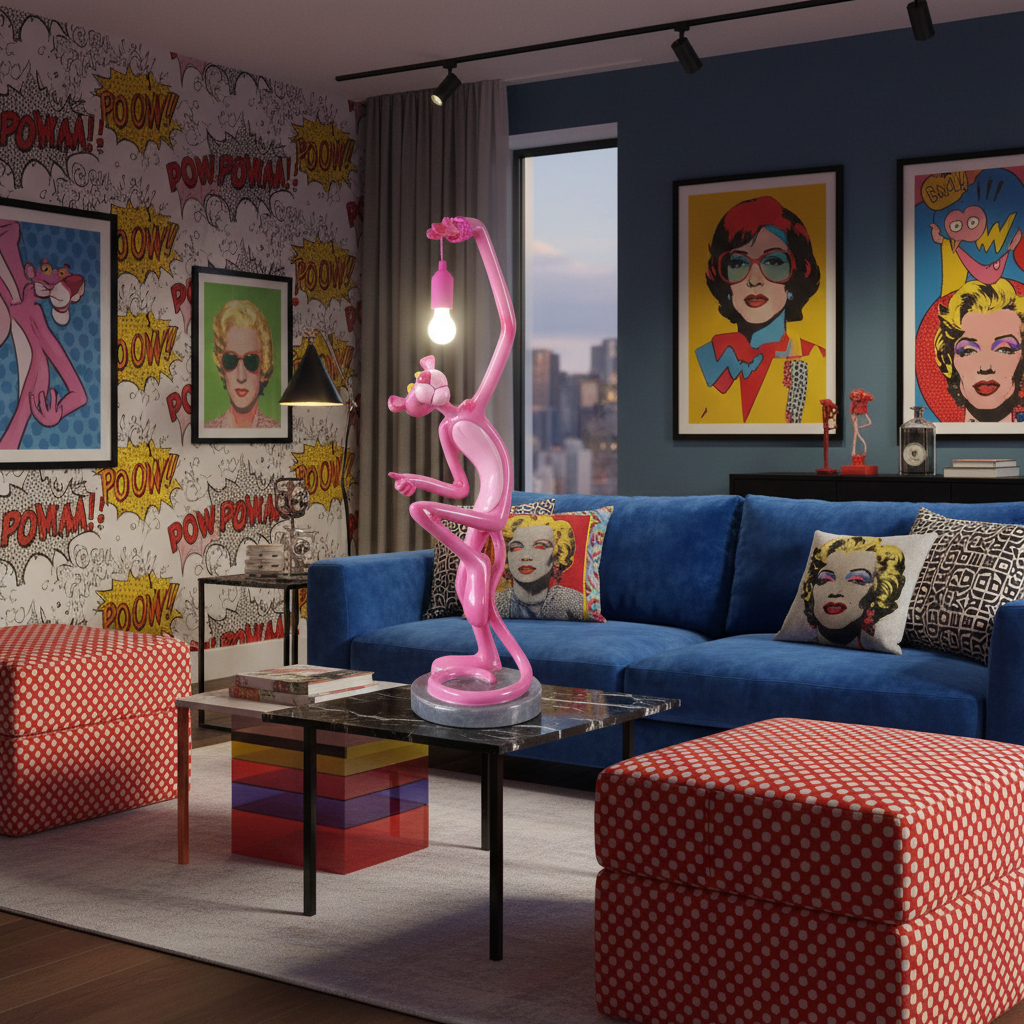 Große Pop-Art-Lampe im Comic-Stil, Pink Panther, 110 cm, mit Lampenschirm.