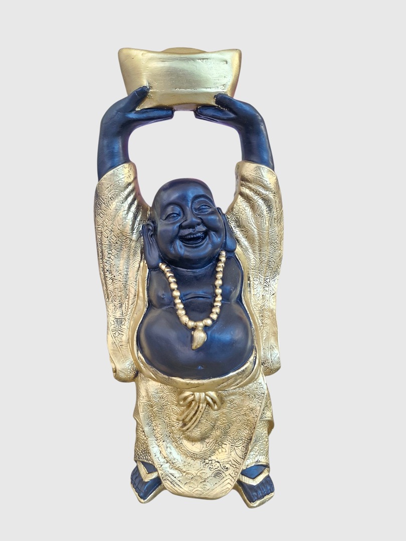 Lachender Buddha (Budai)– 40 cm Feng Shui Glücksbringer-Statue in Schwarz & Gold