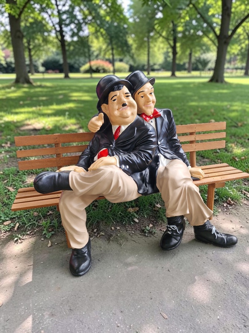 Dick und Doof Gartendekoration: Dick und Doof sitzen auf einer Holzbank im Park