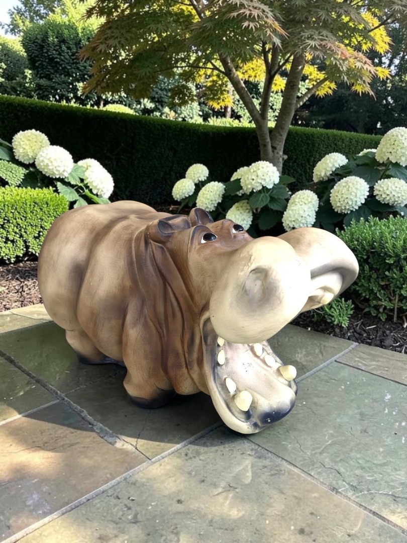 Nilpferd Flusspferd Hippo Dekorative Hippo-Gartenfigur aus Harz mit offenem Maul, sitzend auf einer Steinfliese.
