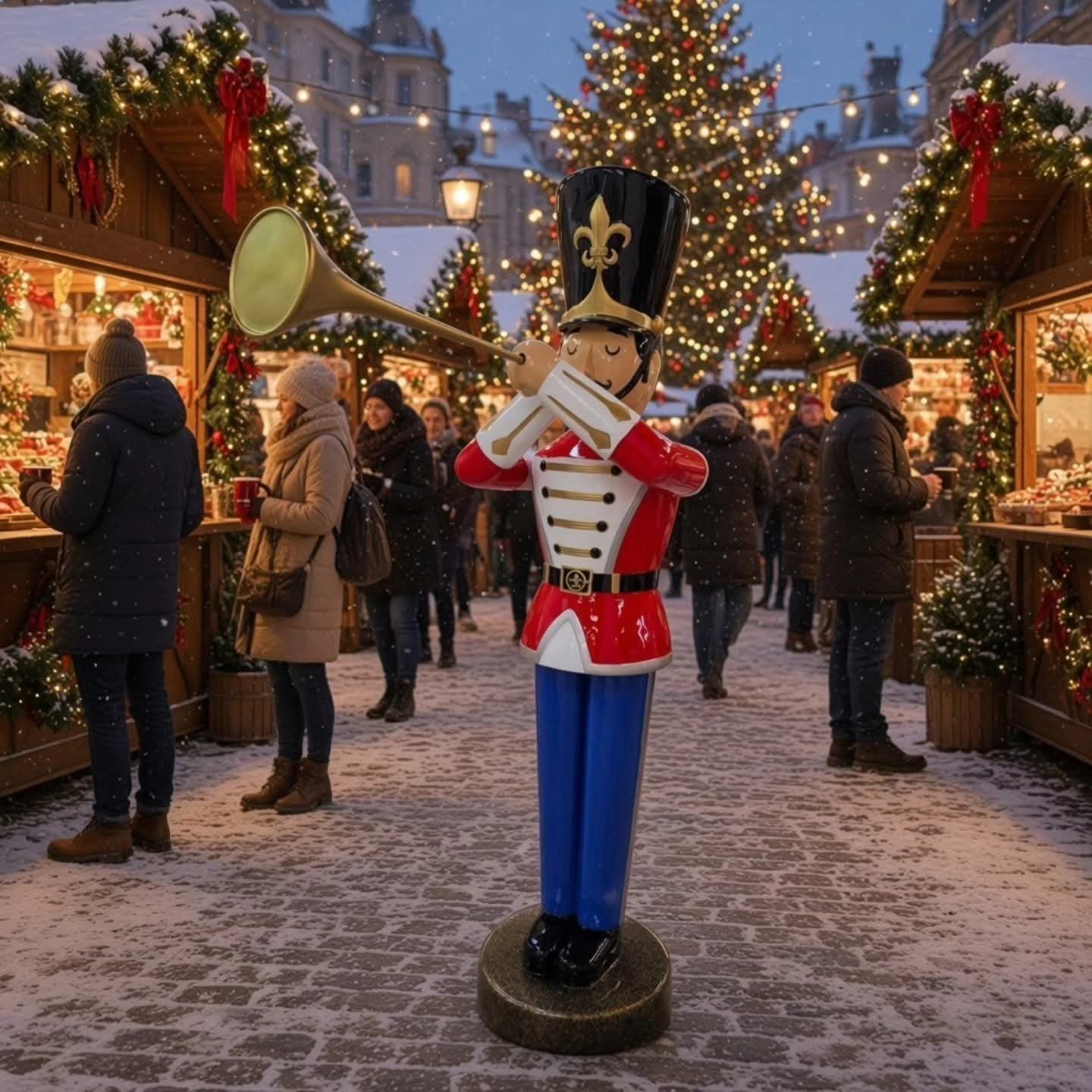 Holzfigur eines Soldaten mit Trompete auf einem Weihnachtsmarkt mit geschmücktem Baum.