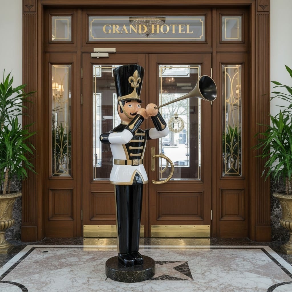 Dekorative Figur eines Soldaten mit Trompete vor der Tür eines Grand Hotels.